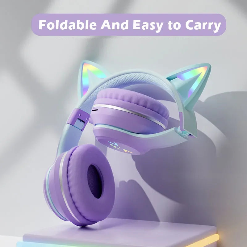 Wireless Headphones RGB Cute Cat Girls Kids Gift Headset with Microphone
