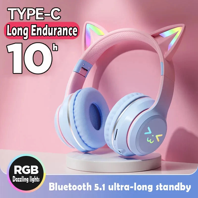 Wireless Headphones RGB Cute Cat Girls Kids Gift Headset with Microphone