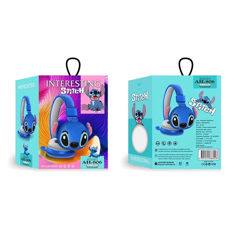 New Disney Stitch Wireless Bluetooth Headphones AH-806 HIFI Sound Stereo Foldable Headsets with Mic for Children Anime Cartoon
