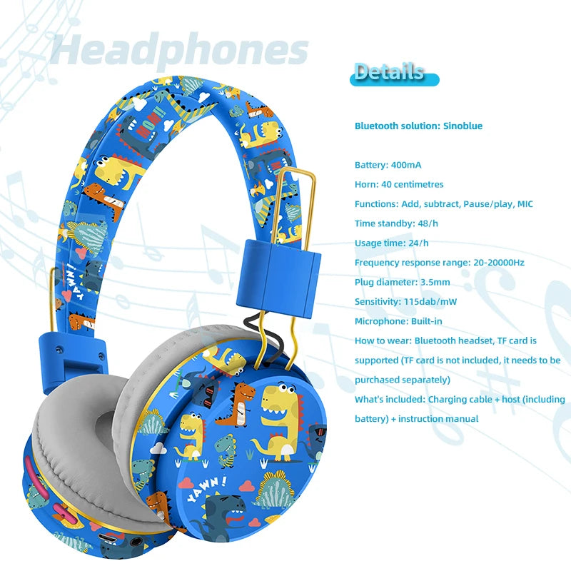 Dinosaur Wireless Bluetooth headphones with Microphone D